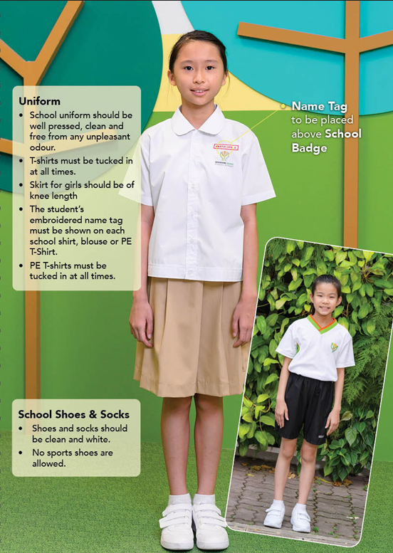 School uniform guide showing a girl in white blouse and khaki skirt, with a smaller inset of PE attire.